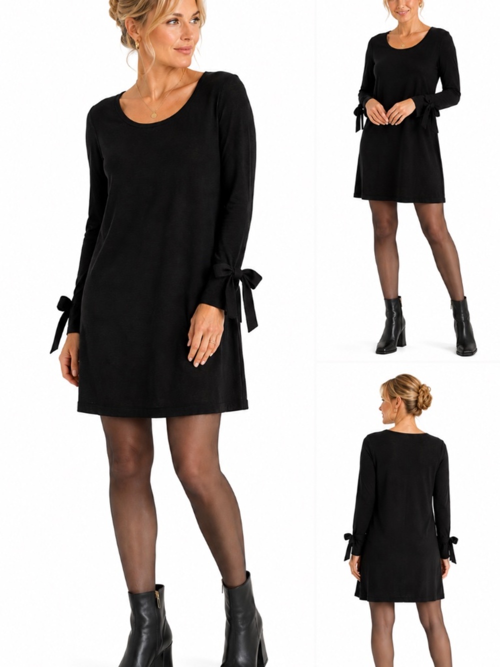 CeCe Black Sweater Dress Large Tie Sleeve Cotton Rayon Knit Tunic Minimalist